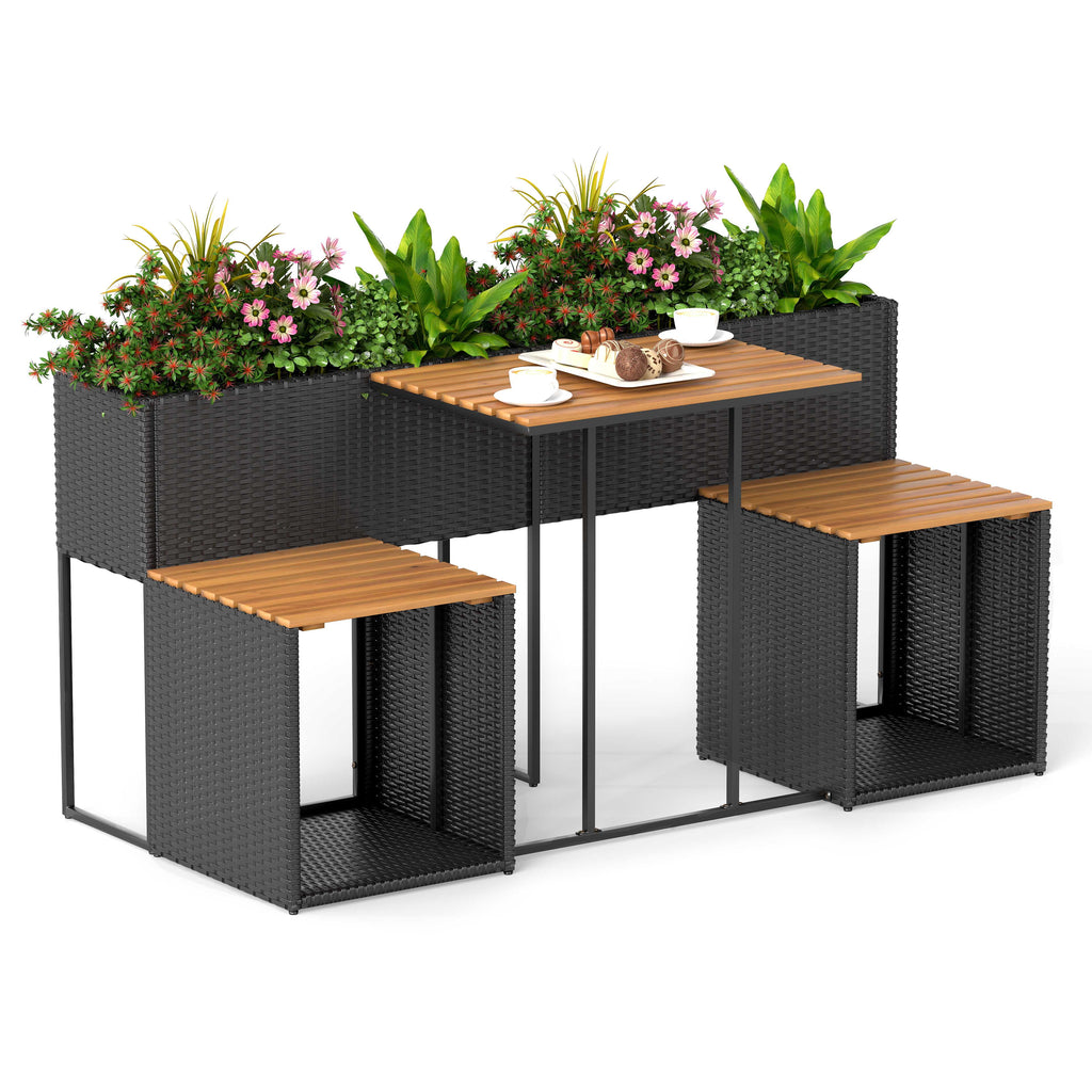 Patio furniture set with raised garden bed, black rattan sides, and wood slatted tables