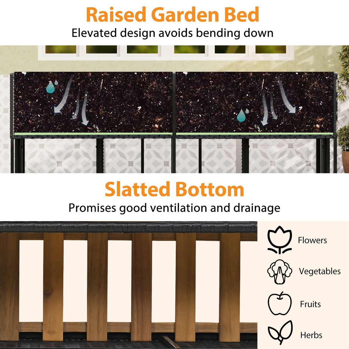 Raised garden bed with slatted bottom for drainage under a dark rattan planter box