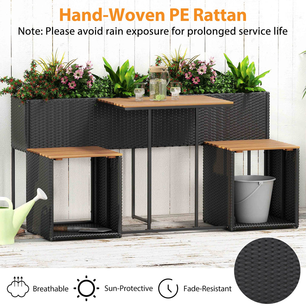 Hand-woven black PE rattan patio set with raised garden bed, table, and bench seating
