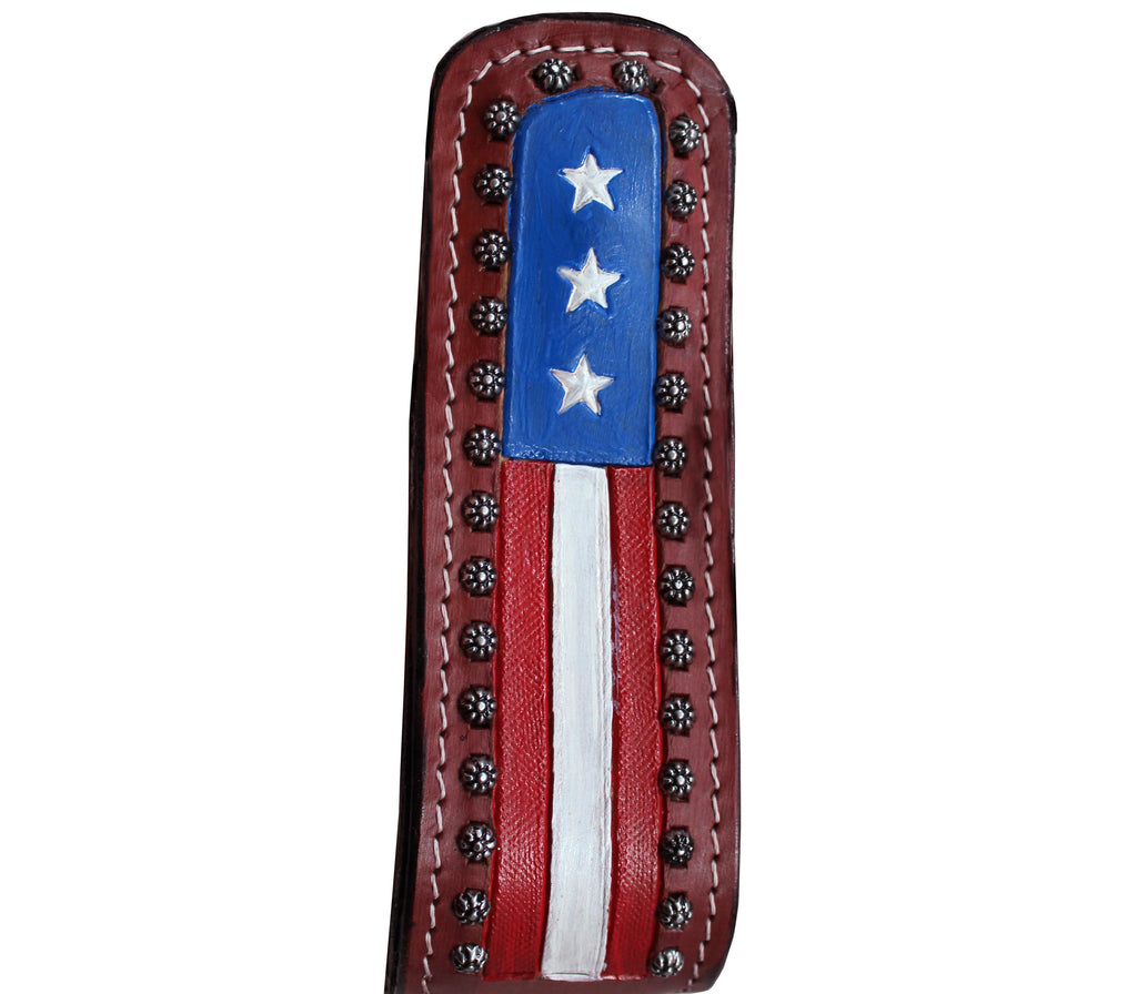 Brown leather stirrup with blue star panel and red-white striped flag patch