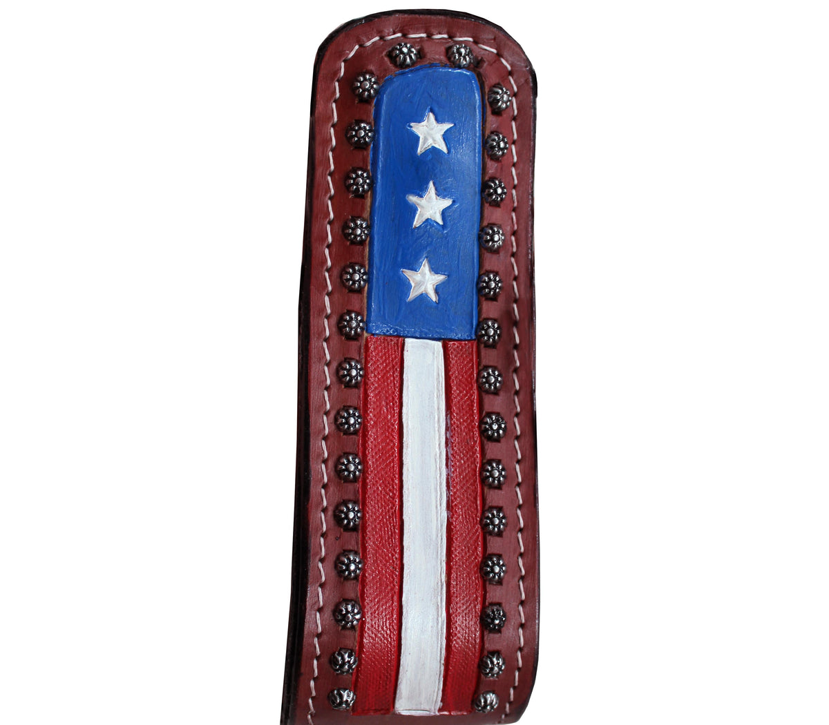 Brown leather stirrup with blue star panel and red-white striped flag patch