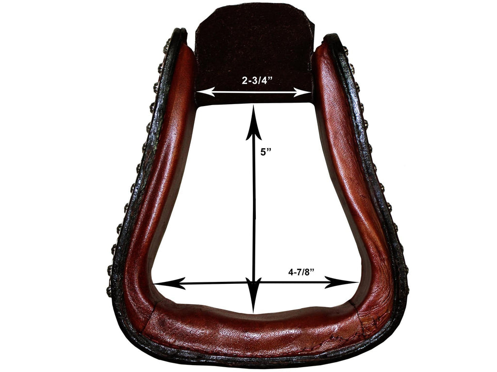 Brown leather stirrup with front opening and stitched edge, showing dimensions