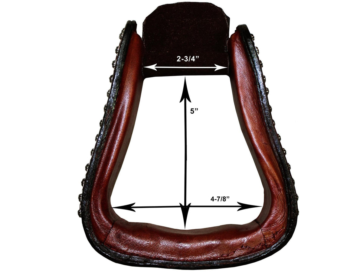 Brown leather stirrup with front opening and stitched edge, showing dimensions