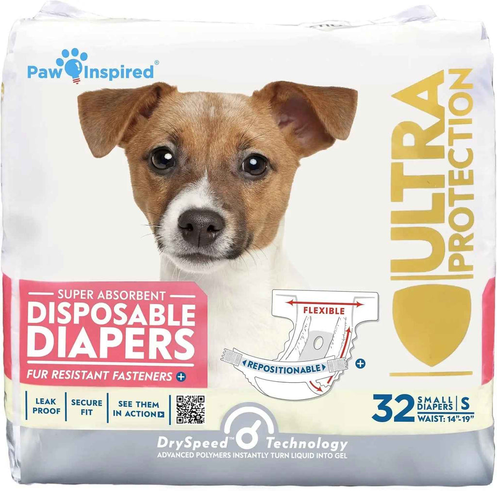 Disposable dog diapers, 32 small, shown on package with a brown-and-white dog.