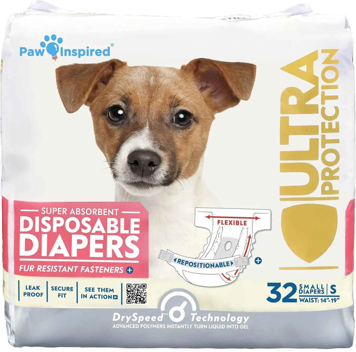 Disposable dog diapers, 32 small, shown on package with a brown-and-white dog.