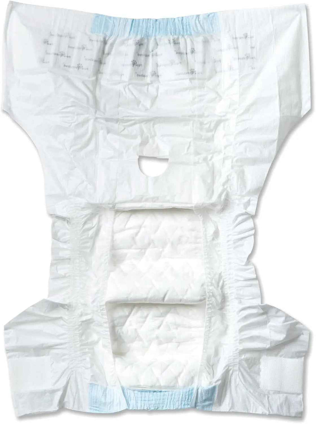 Unfastened white disposable dog diaper with absorbent center pad and blue waist edges.