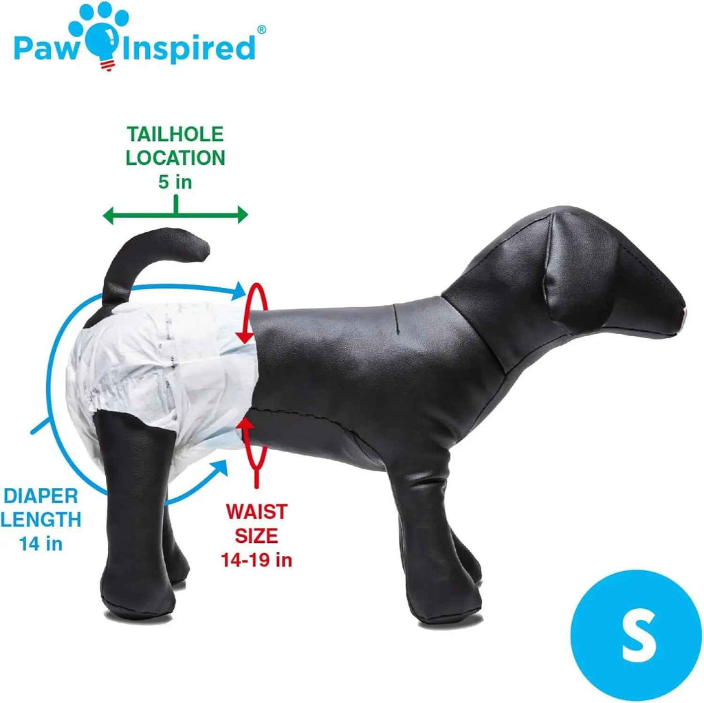 White disposable dog diaper shown on a dog, with size S measurements.