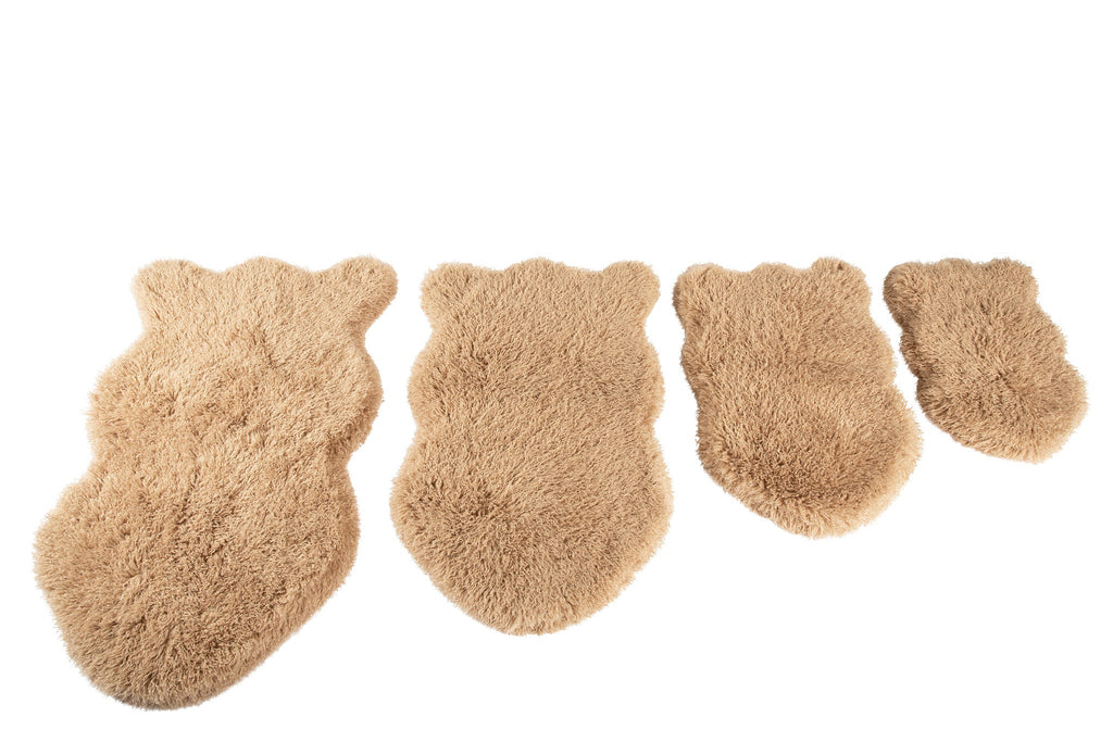 Tan plush faux fur dog bed set: oval base and four paw-shaped pads
