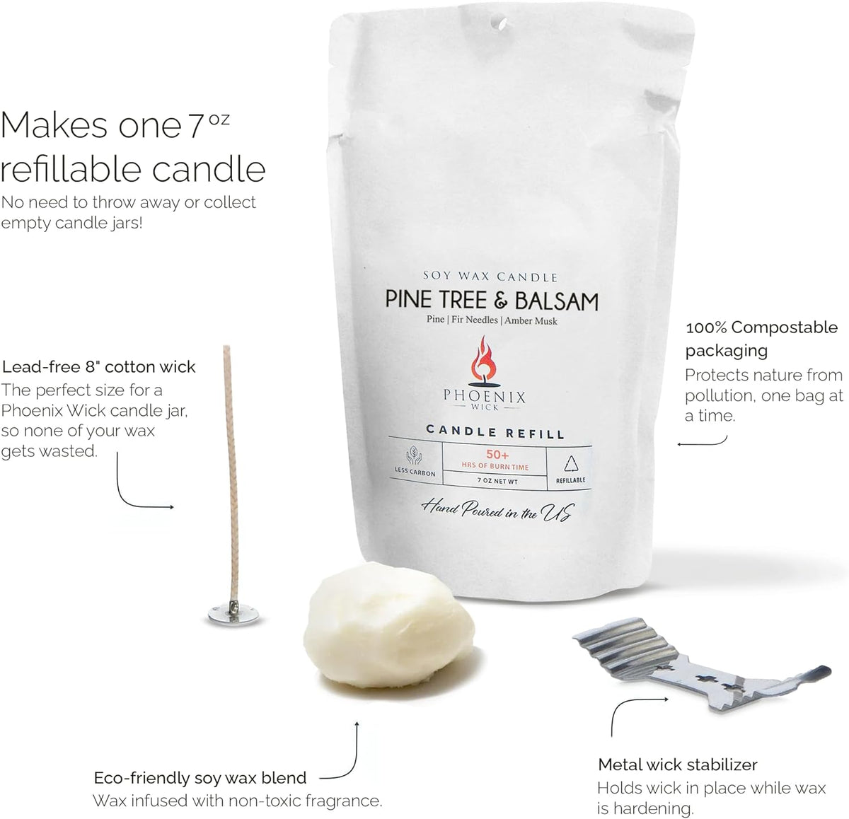 7 oz Pine Tree & Balsam candle refill pouch with cotton wick, wax piece, and stabilizer