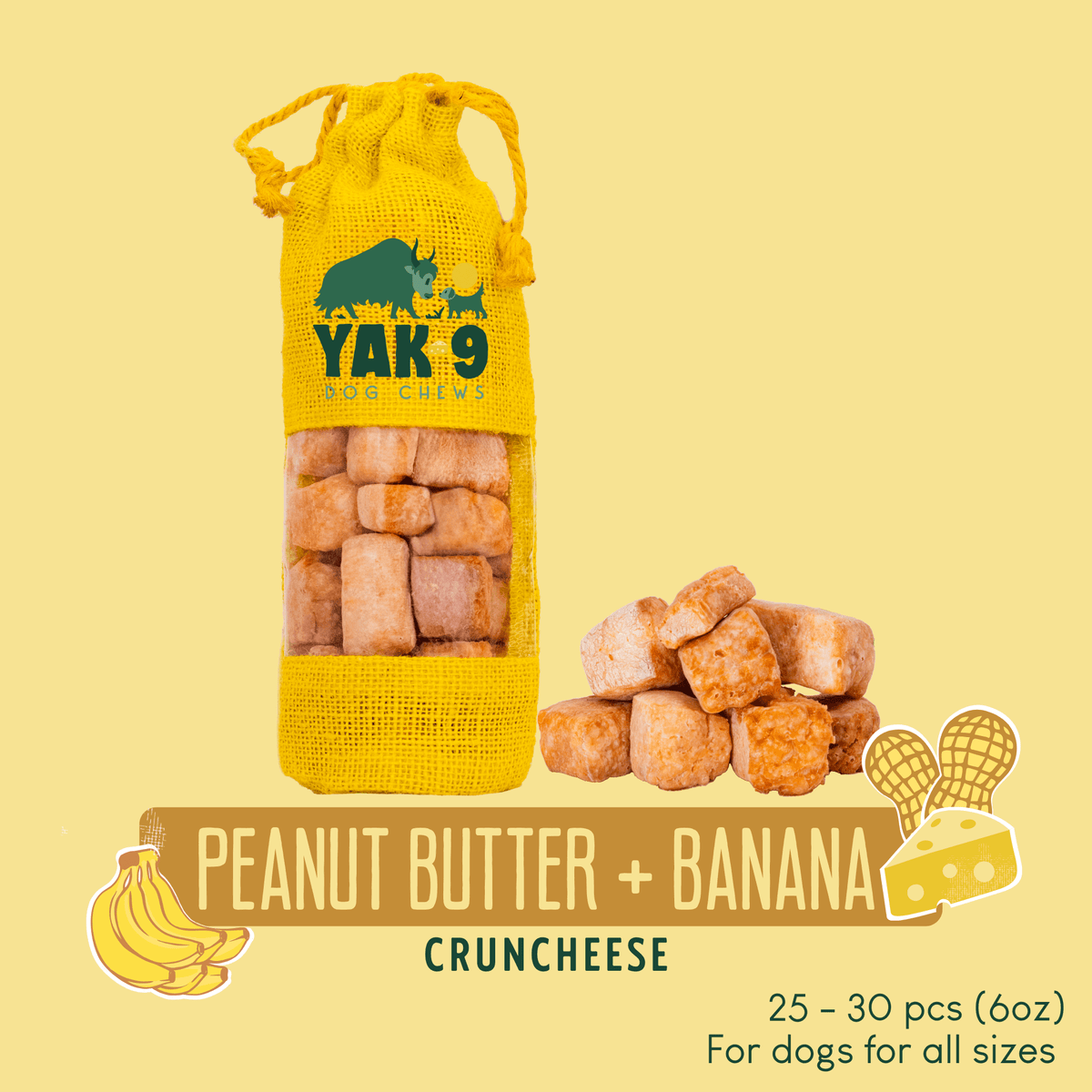 Yak 9 dog treat cheese crunch in yellow drawstring pouch, Peanut Butter + Banana, cubes shown