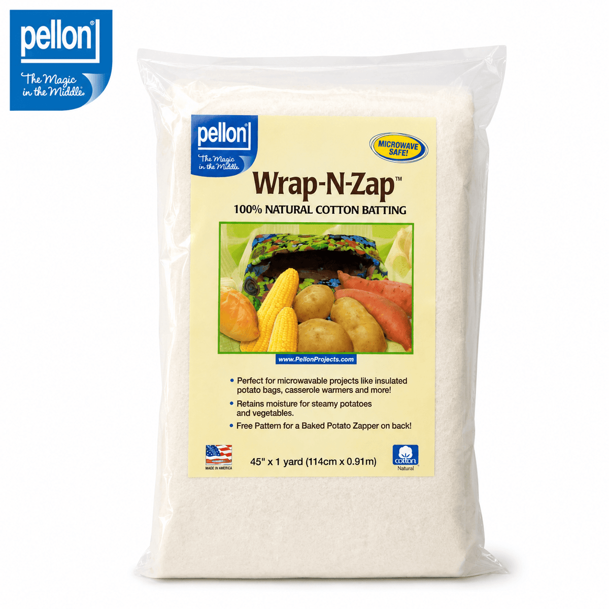 Pellon Wrap-N-Zap microwaveable 100% cotton batting package, white, 45 in x 1 yard