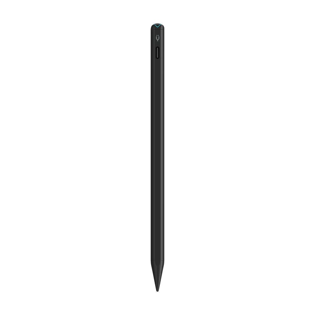 Black stylus pen side view with USB-C charging connector and button detail