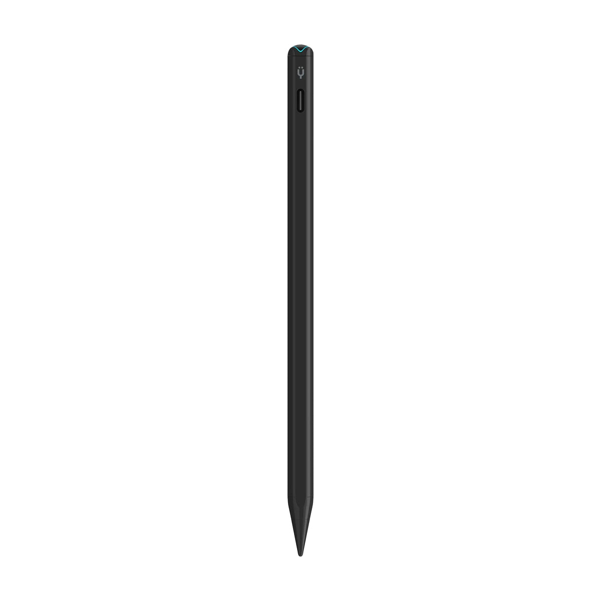 Black stylus pen side view with USB-C charging connector and button detail