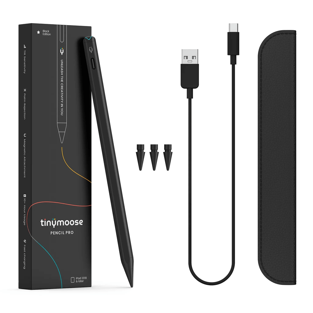 Black stylus pen kit with USB-C cable, spare tips, and protective case