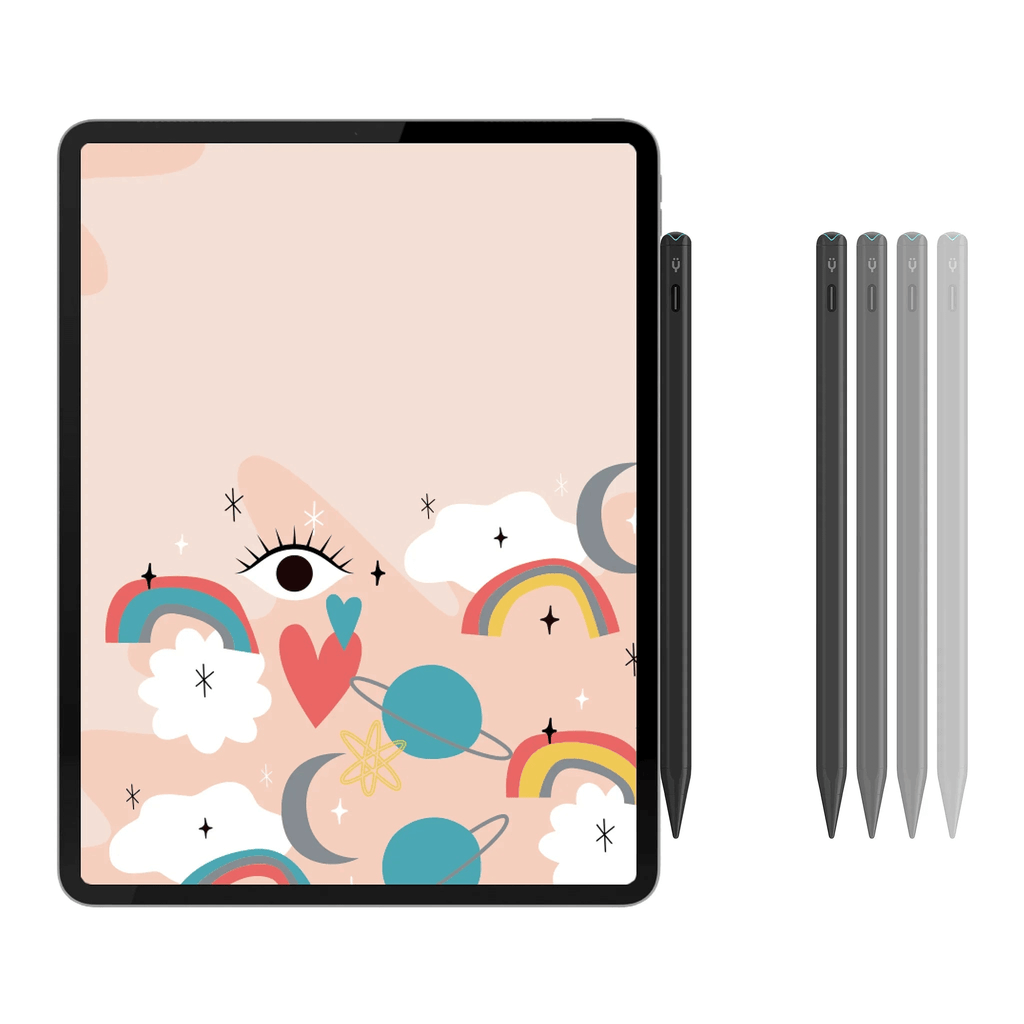 Black stylus pen with multiple spare tips beside an iPad
