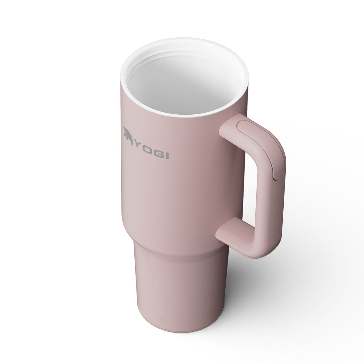 Ceramic-lined tumbler in light pink with side handle and open cup interior