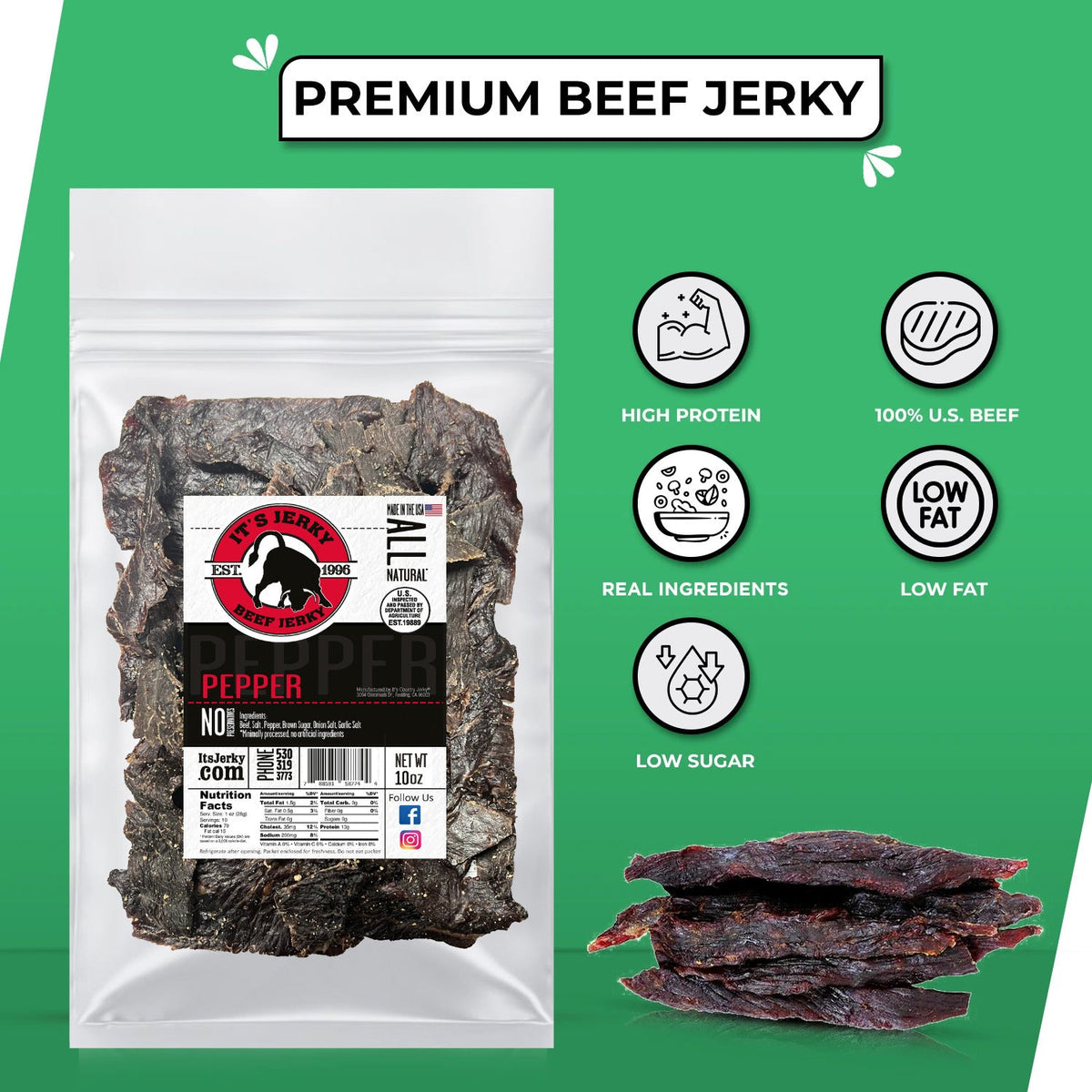 Pepper beef jerky pouch with pepper label and stacked sliced jerky.