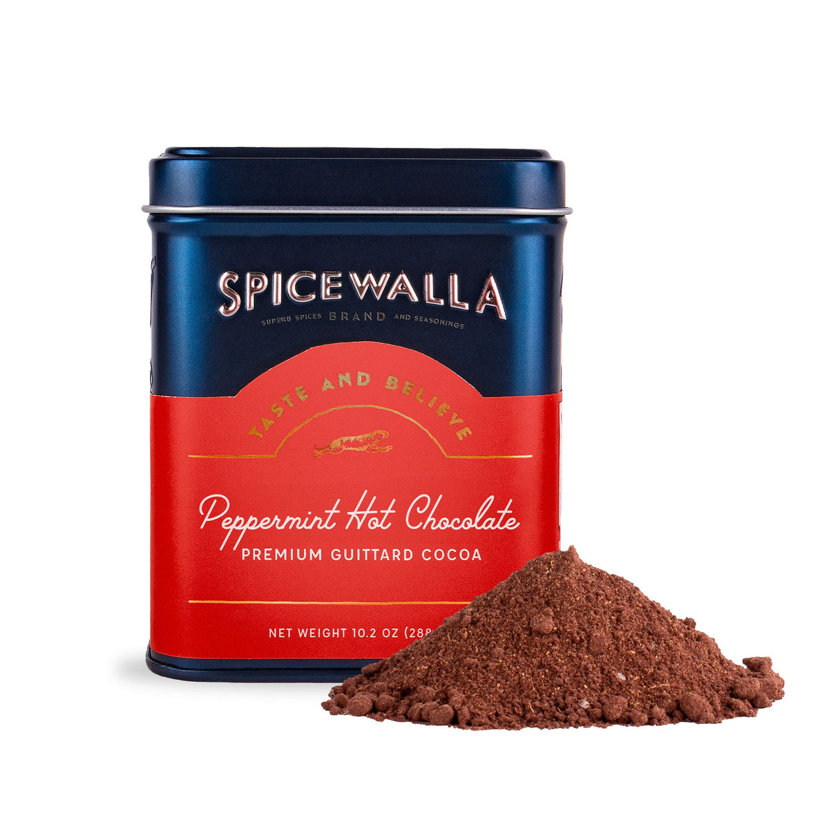 Spicewalla Peppermint Hot Chocolate Deluxe tin with cocoa powder pile