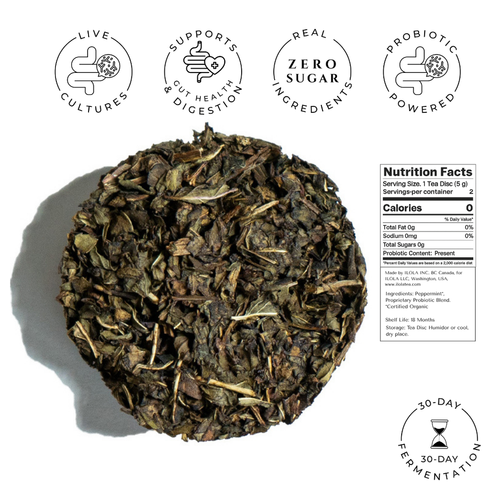 Compressed peppermint tea disc with loose leaves, shown with nutrition details