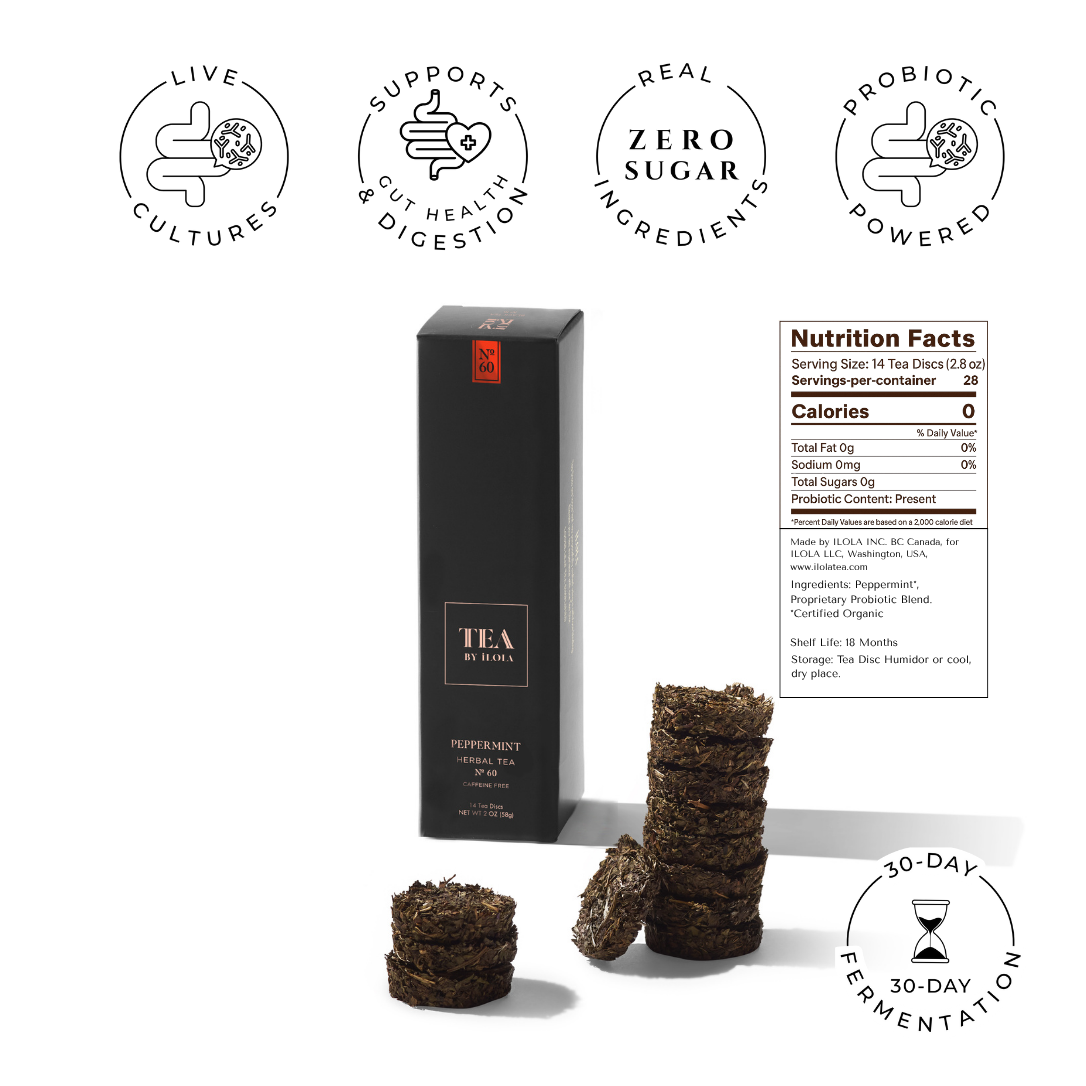 Peppermint tea discs beside a black tea box with probiotic and zero-sugar claims