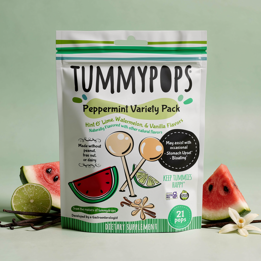 Peppermint variety supplement pack front in white pouch with watermelon and lime icons, 21 pops