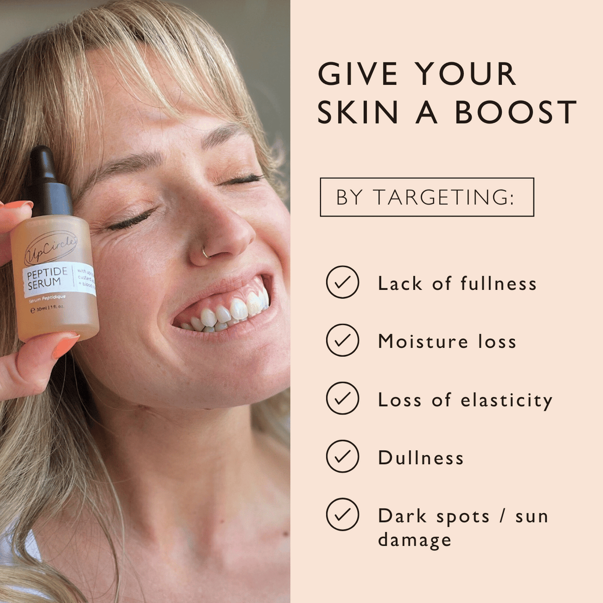 Peptide serum bottle with dropper applying product to a person’s cheek