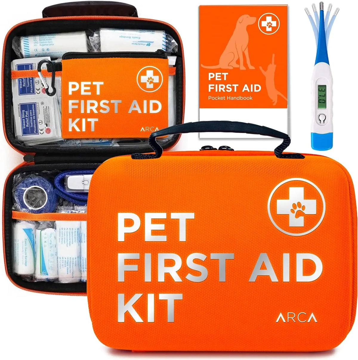 Orange pet first aid kit with open interior, handbook, and thermometer accessories