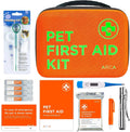 Orange pet first aid kit pouch with included thermometer, blanket, and handbook