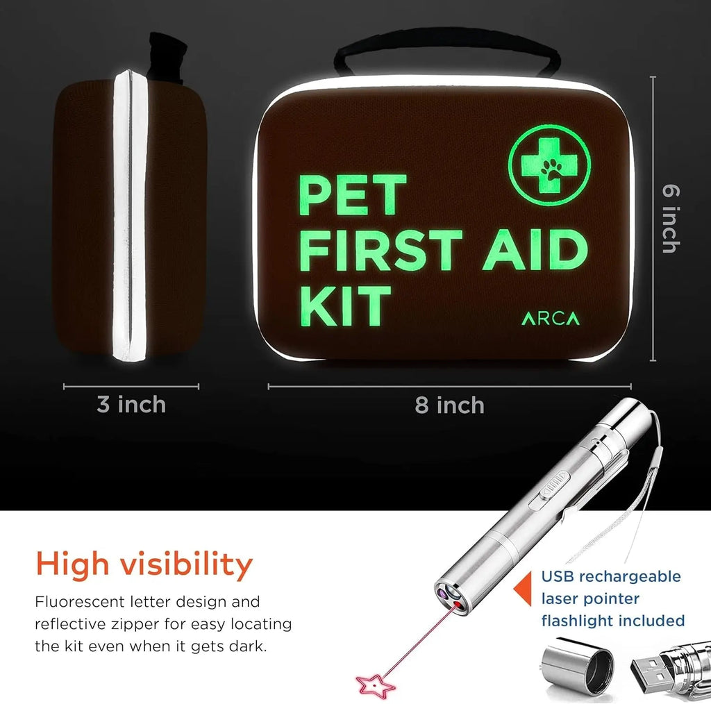 Compact pet first aid kit with glowing PET FIRST AID label and thermometer