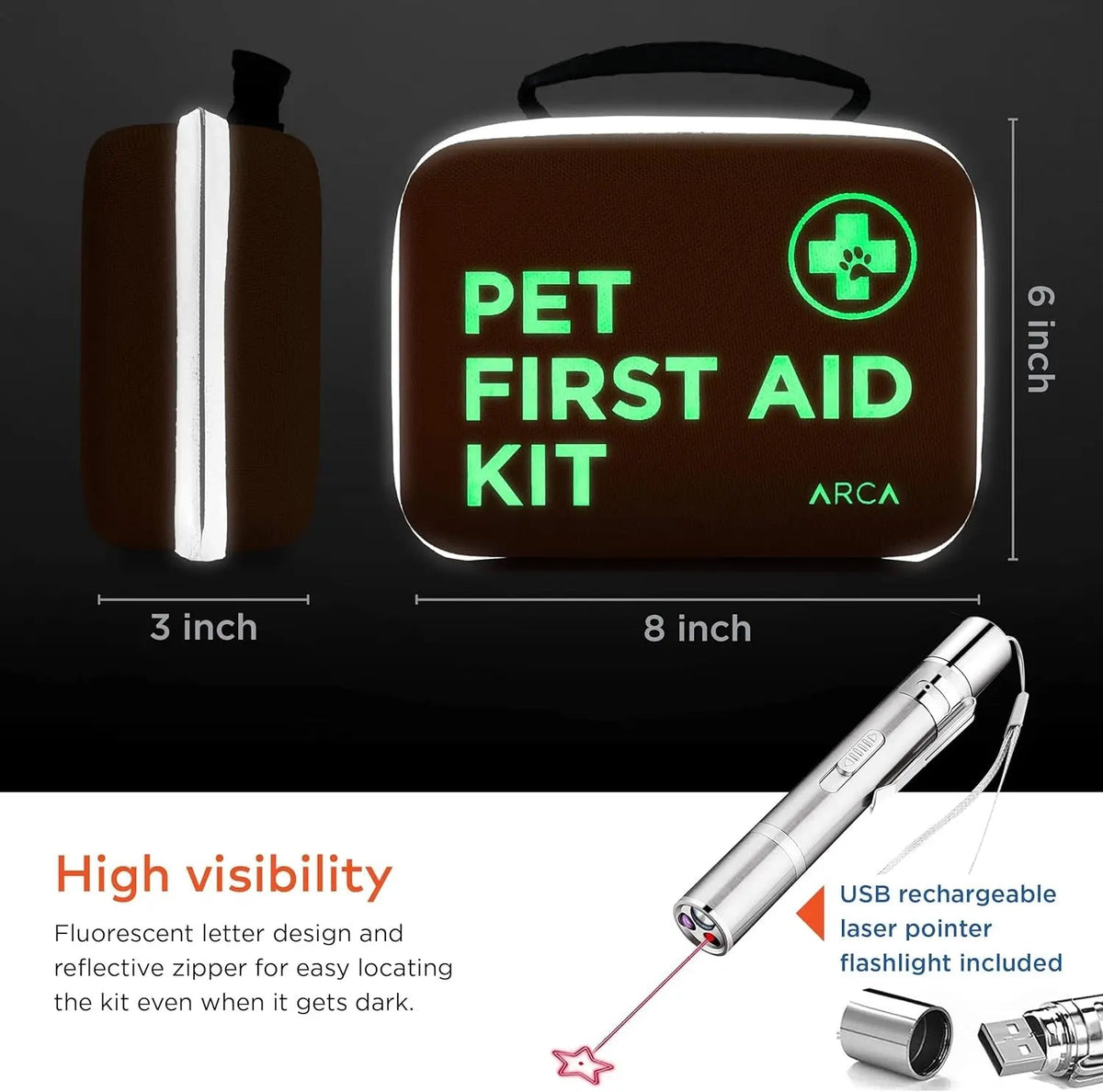 Compact pet first aid kit with glowing PET FIRST AID label and thermometer