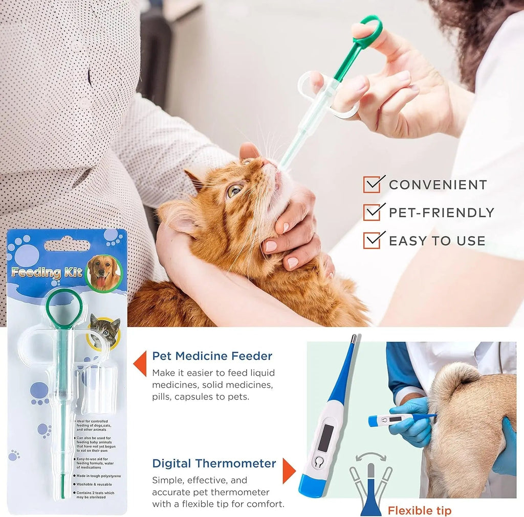 Pet first aid kit tools with digital thermometer and feeding kit for pet care