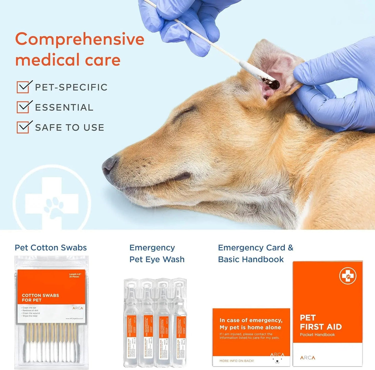 Pet first aid kit for medical care with cotton swabs, eye wash, and handbook