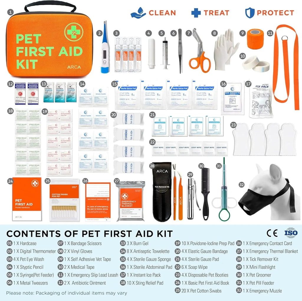 Pet first aid kit contents display showing tools, instructions, and accessories list