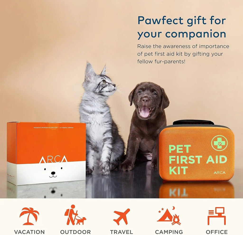 Orange pet first aid kit with ARCA box, displayed with companion pet