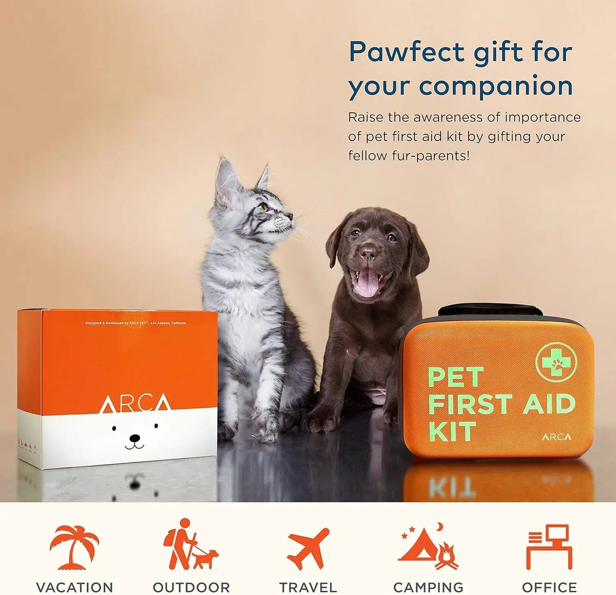 Orange pet first aid kit with ARCA box, displayed with companion pet