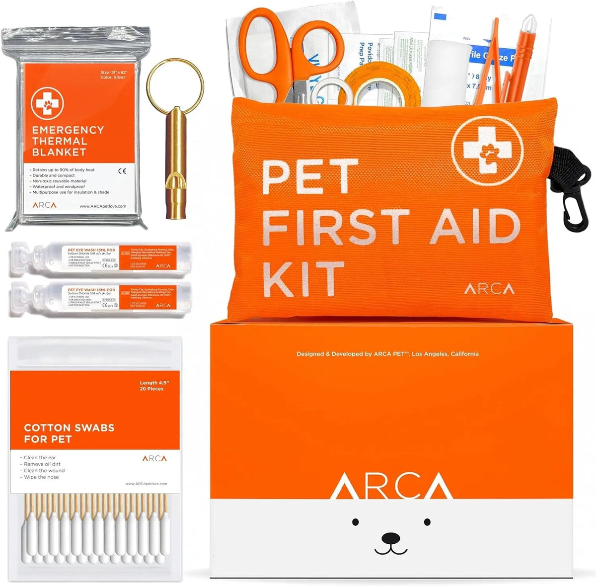 Orange pet first aid kit pouch with emergency thermal blanket and cotton swabs