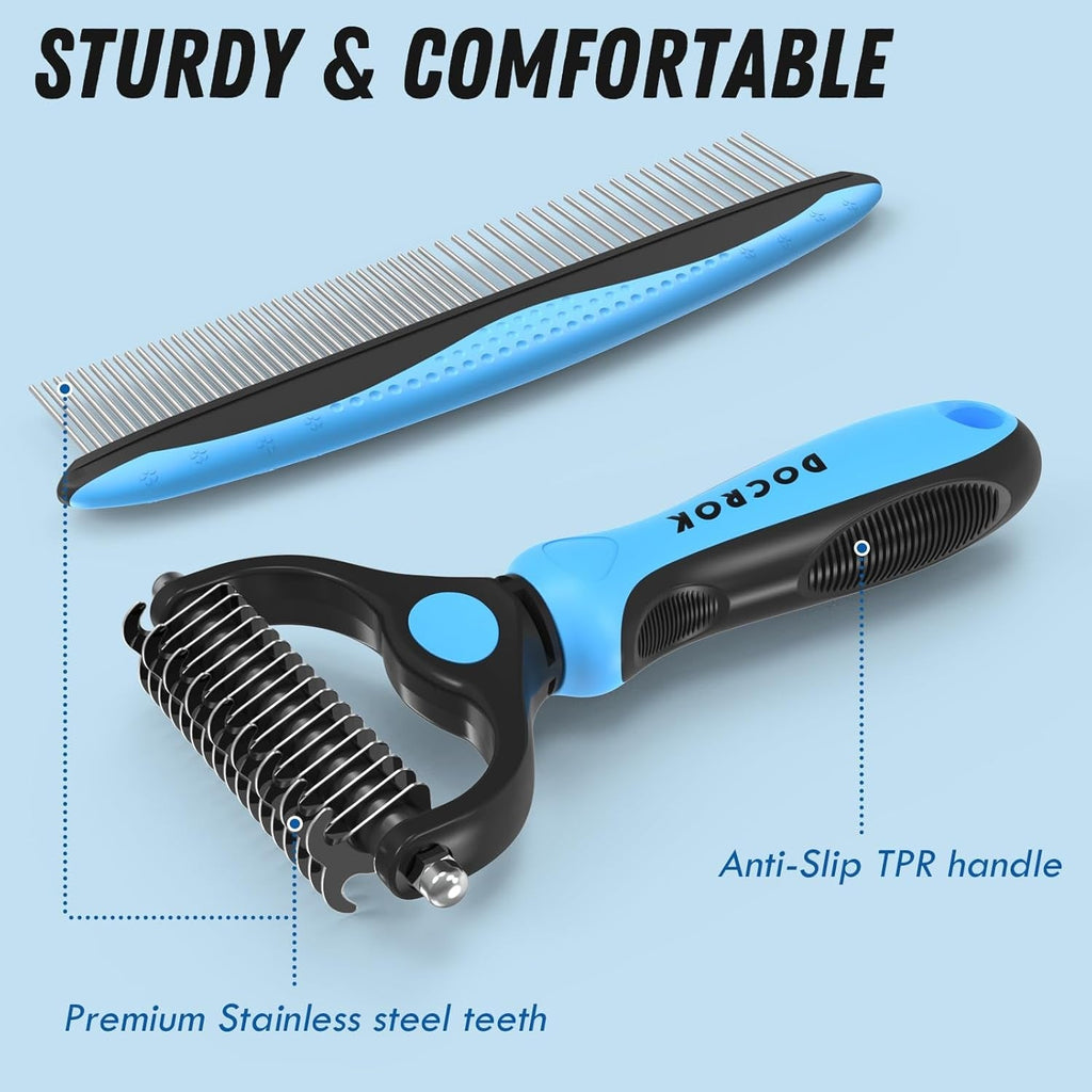 Blue and black pet grooming comb with anti-slip handle and stainless steel teeth