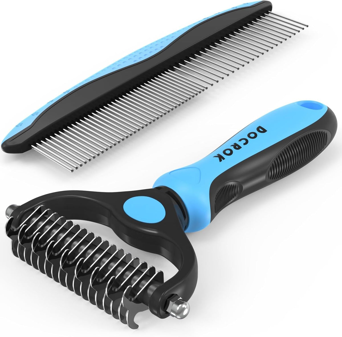 Blue and black 2-in-1 pet grooming comb with dematting rake and shedding teeth