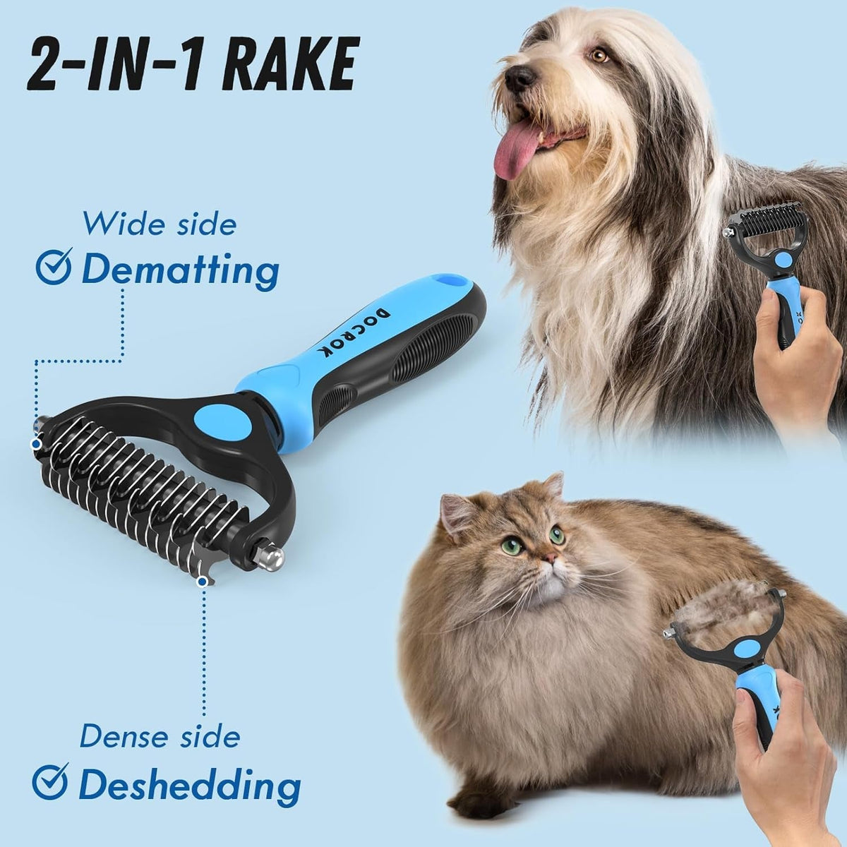 Blue and black 2-in-1 pet grooming comb with wide dematting and dense shedding sides