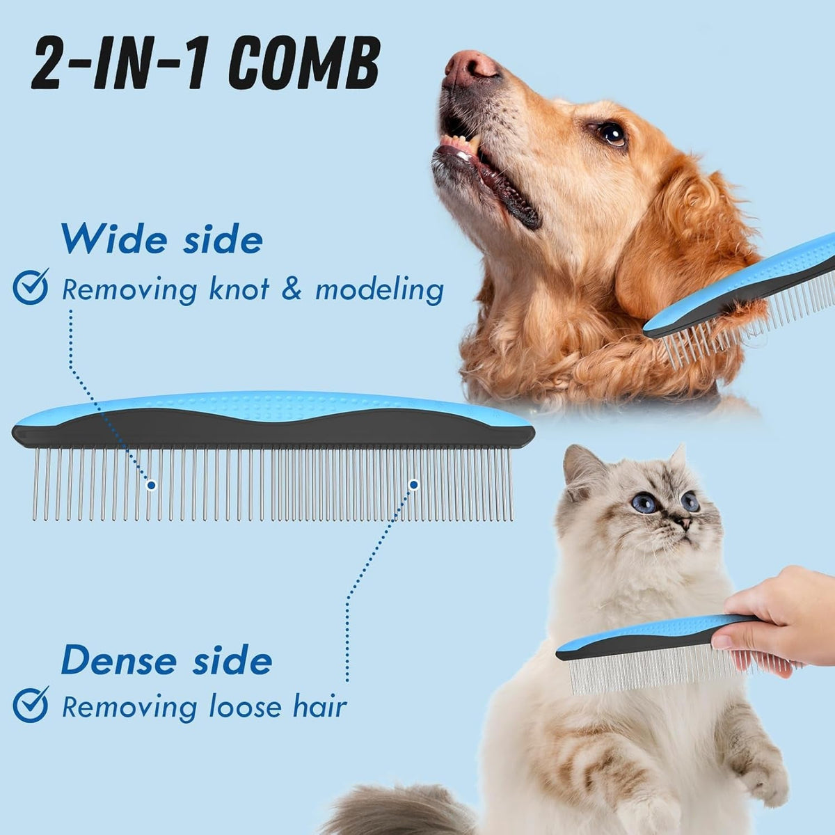 Blue 2-in-1 pet grooming comb with wide knot removal and dense loose-hair rake teeth
