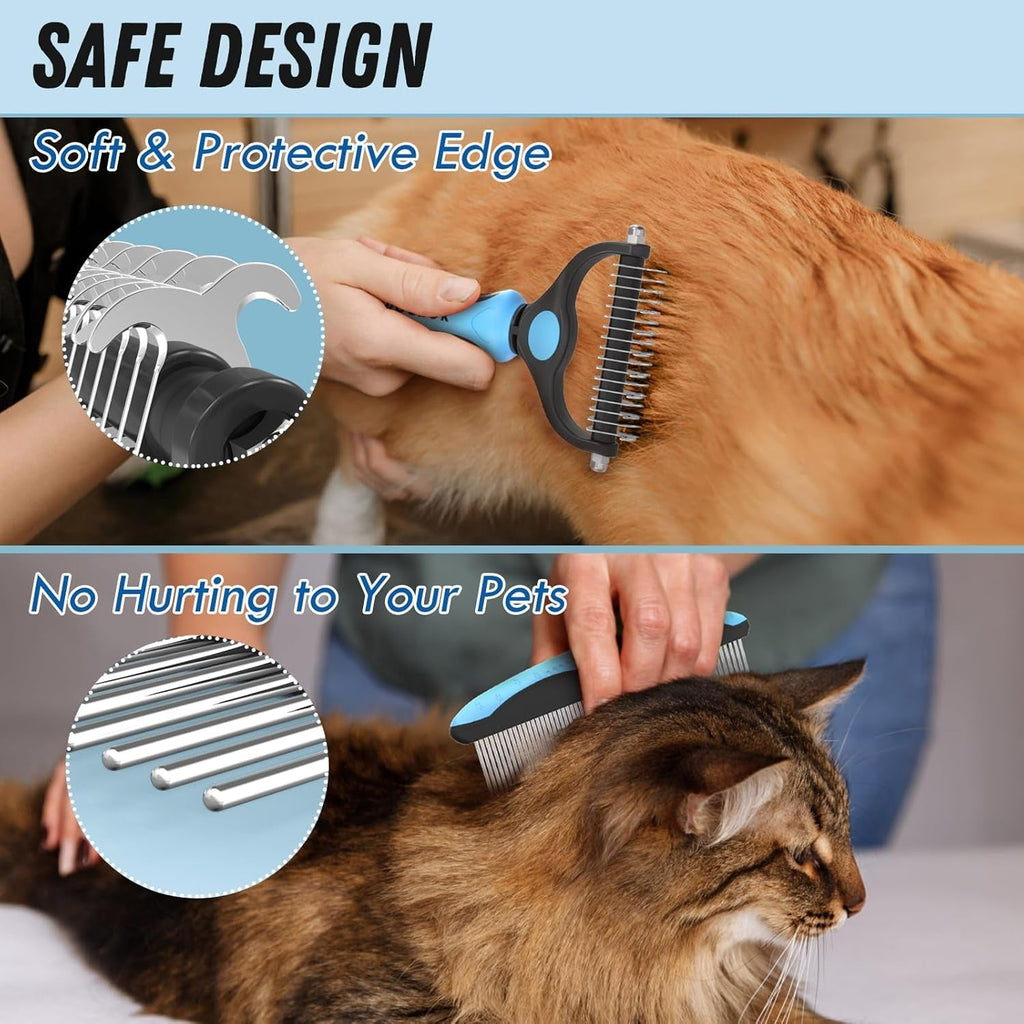 Blue and black pet grooming comb with soft protective edge and stainless steel teeth