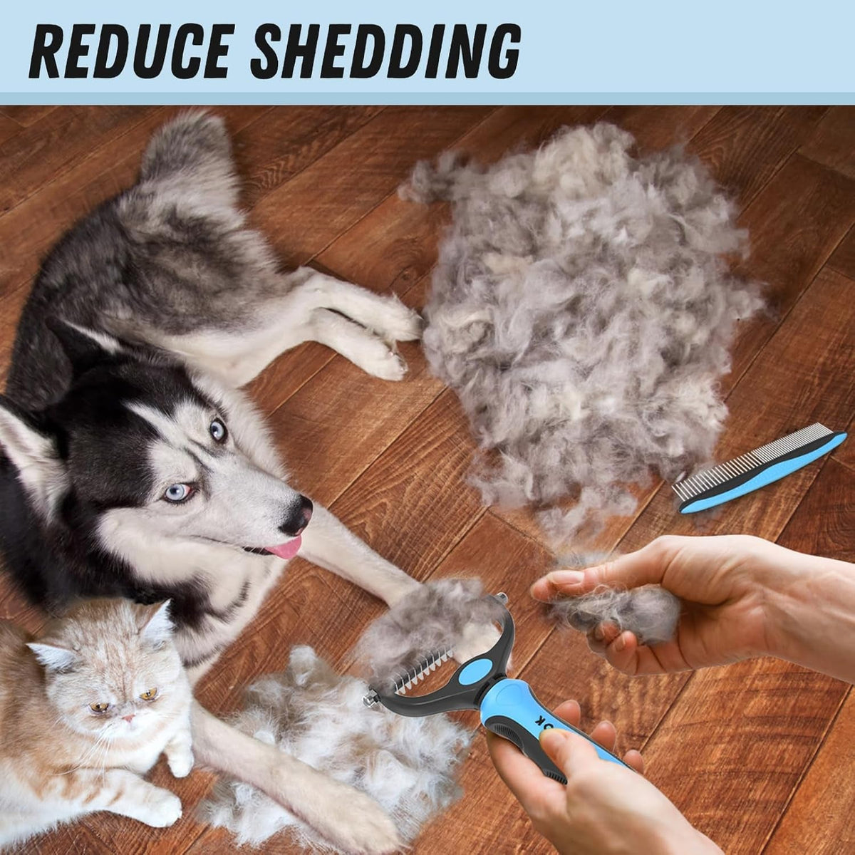 Blue and black pet grooming brush comb with stainless shedding comb teeth