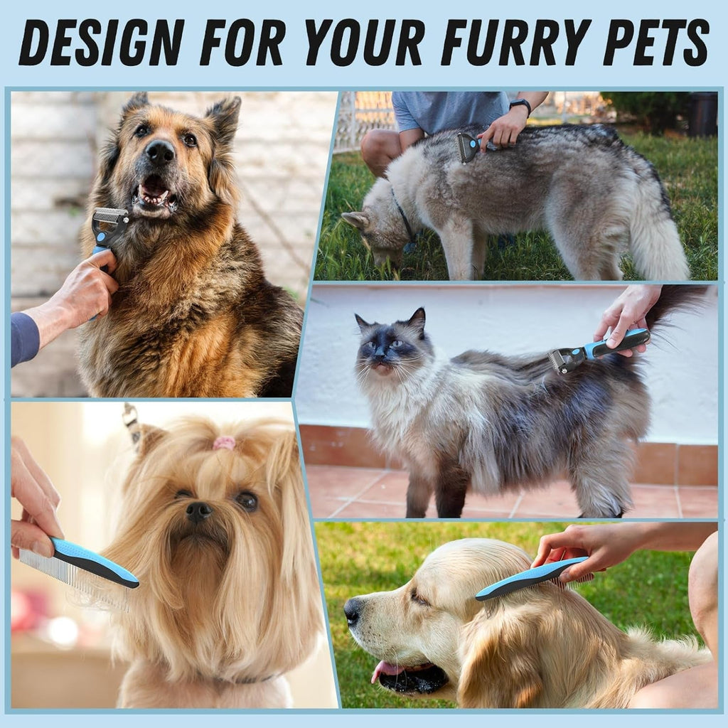 Blue and black 2-in-1 pet grooming brush comb for dogs and cats