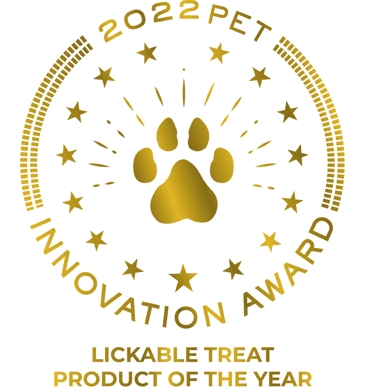 Gold pet adoption award badge with paw print and starburst
