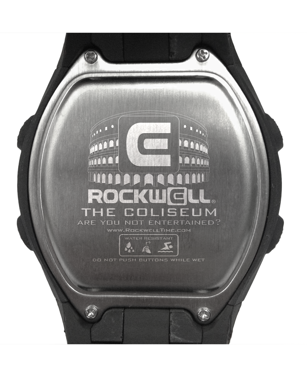 Silver backplate of digital sport watch with Rockwell The Coliseum logo