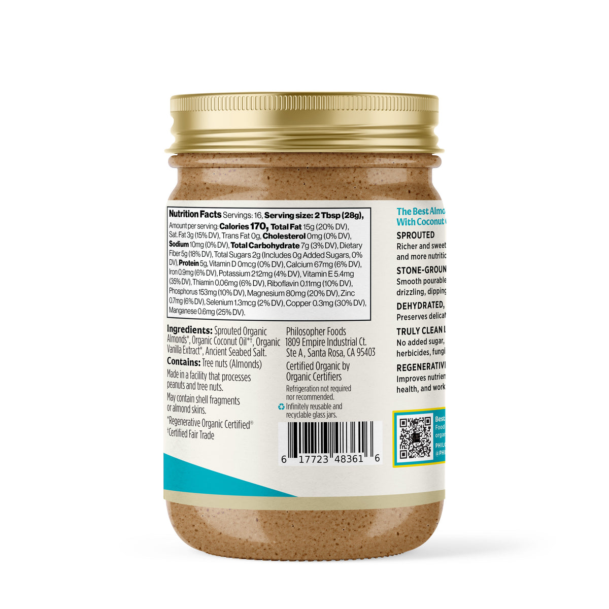 Sprouted almond butter jar with nutrition facts and barcode on back label, gold lid