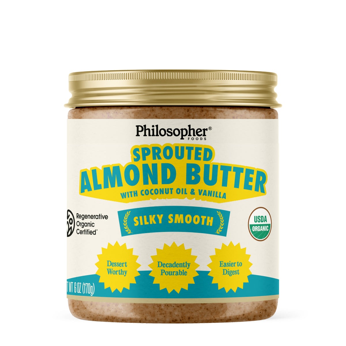 Sprouted almond butter jar with coconut oil and vanilla, gold lid, front label by Philosopher