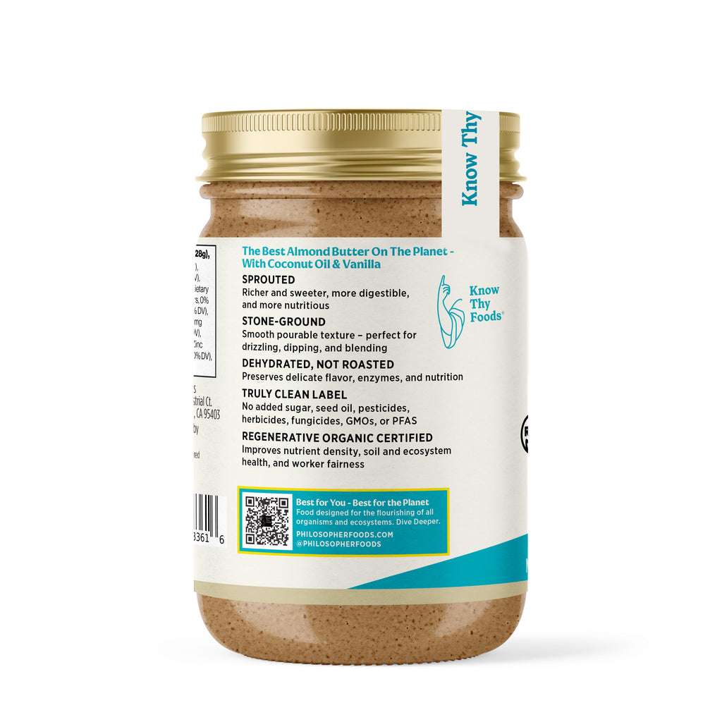Sprouted almond butter jar with back label ingredients panel, gold lid