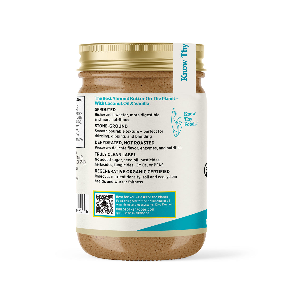 Sprouted almond butter jar with back label ingredients panel, gold lid
