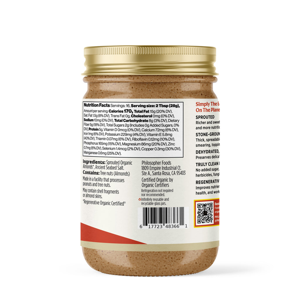 Sprouted almond butter jar showing Nutrition Facts panel, barcode, and seal
